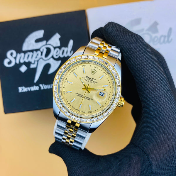 Rolex Stainless Steel Golden Silver with (Golden Dial) Diamonds Bezel