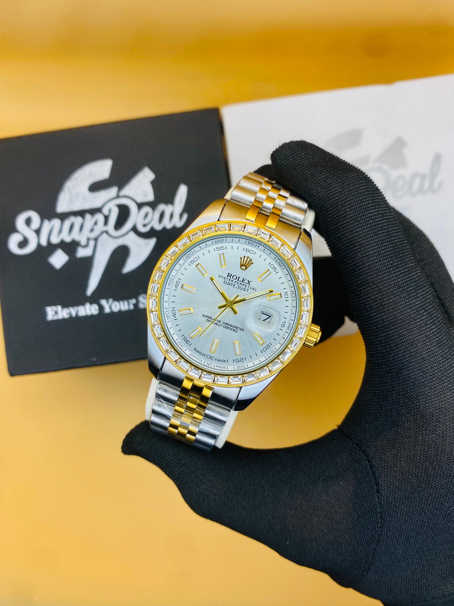Rolex Stainless Steel Golden Silver with (White Dial) Diamonds Bezel