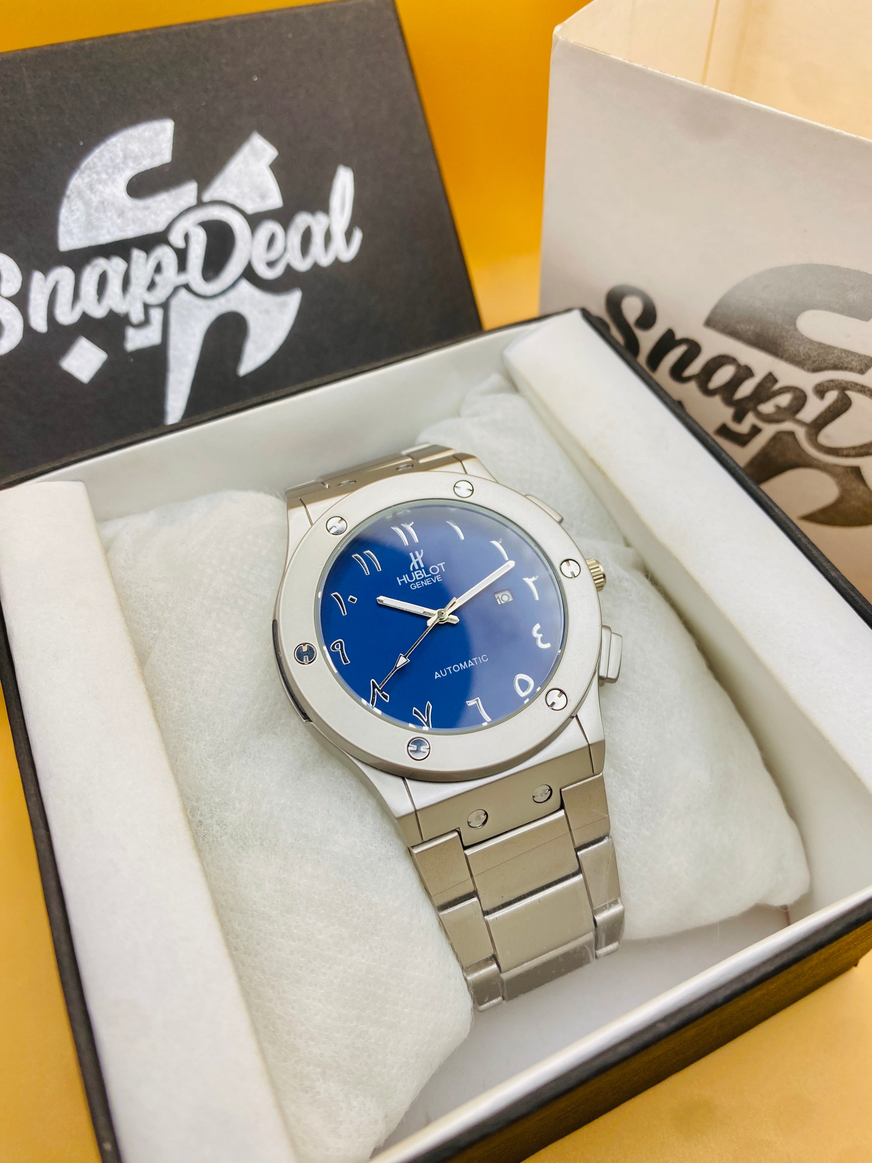 Hublot Silver with (Blue Arabic Dial)
