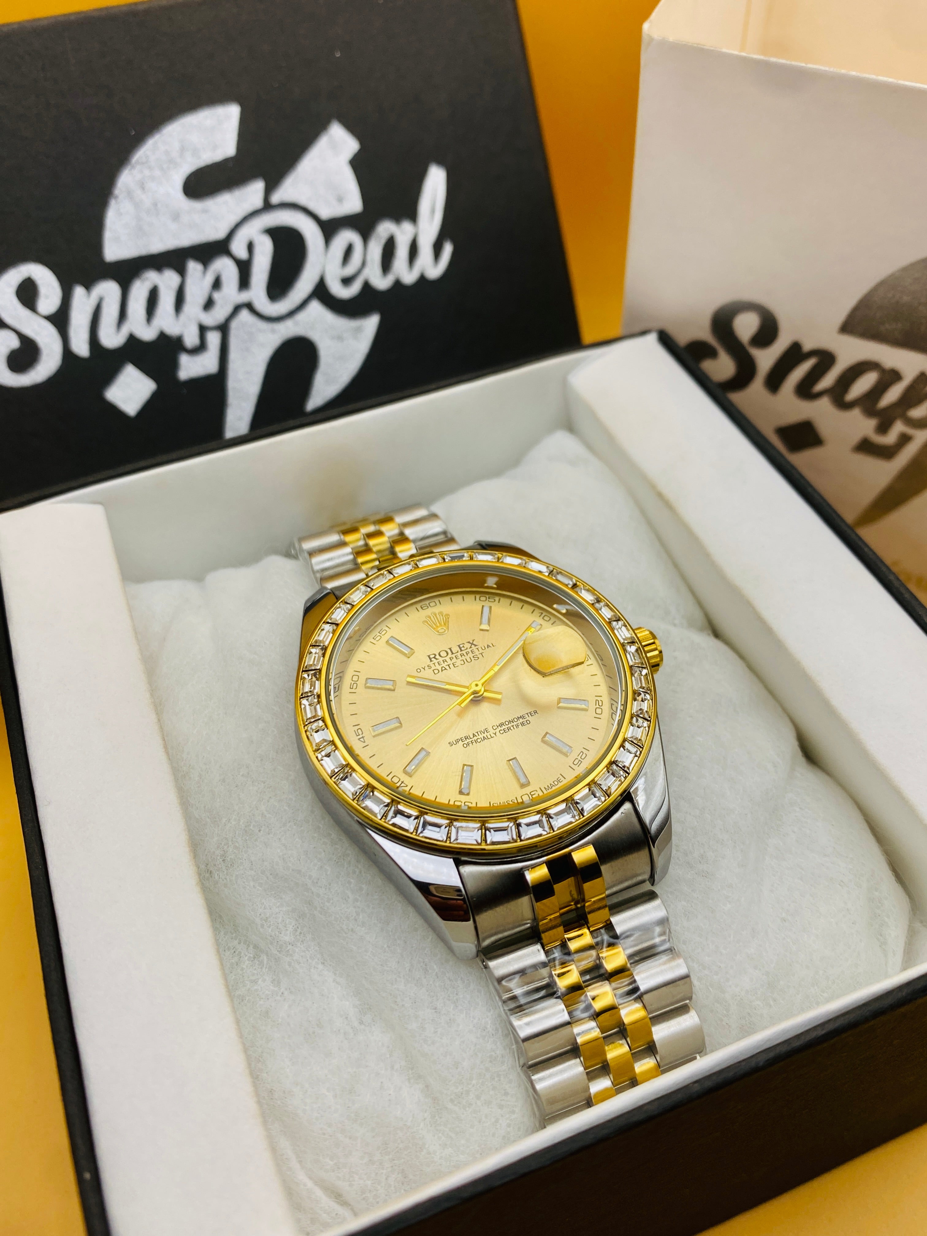 Rolex Stainless Steel Golden Silver with (Golden Dial) Diamonds Bezel