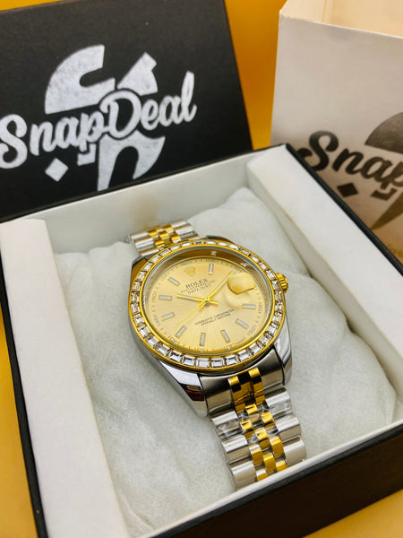 Rolex Stainless Steel Golden Silver with (Golden Dial) Diamonds Bezel