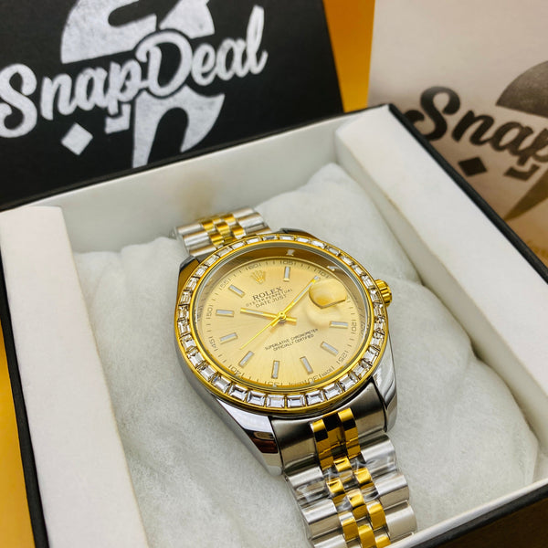 Rolex Stainless Steel Golden Silver with (Golden Dial) Diamonds Bezel