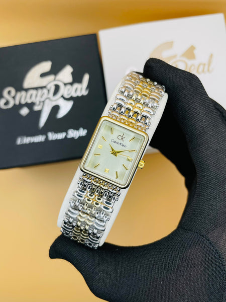 CK - Golden-Silver Rectangular Dial Bracelet Watch