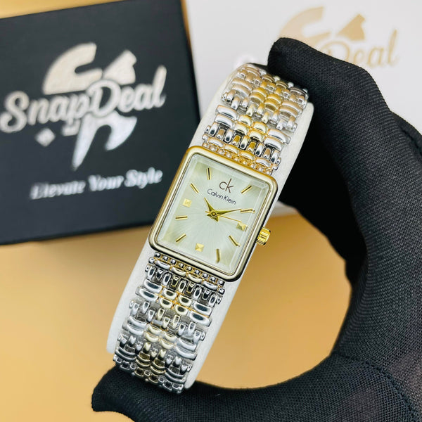 CK - Golden-Silver Rectangular Dial Bracelet Watch