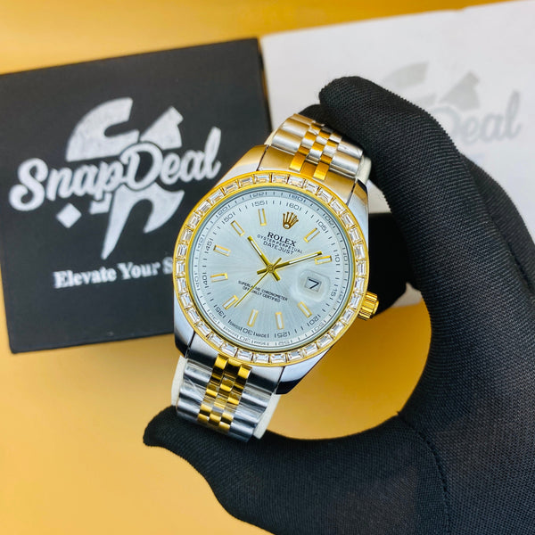 Rolex Stainless Steel Golden Silver with (White Dial) Diamonds Bezel