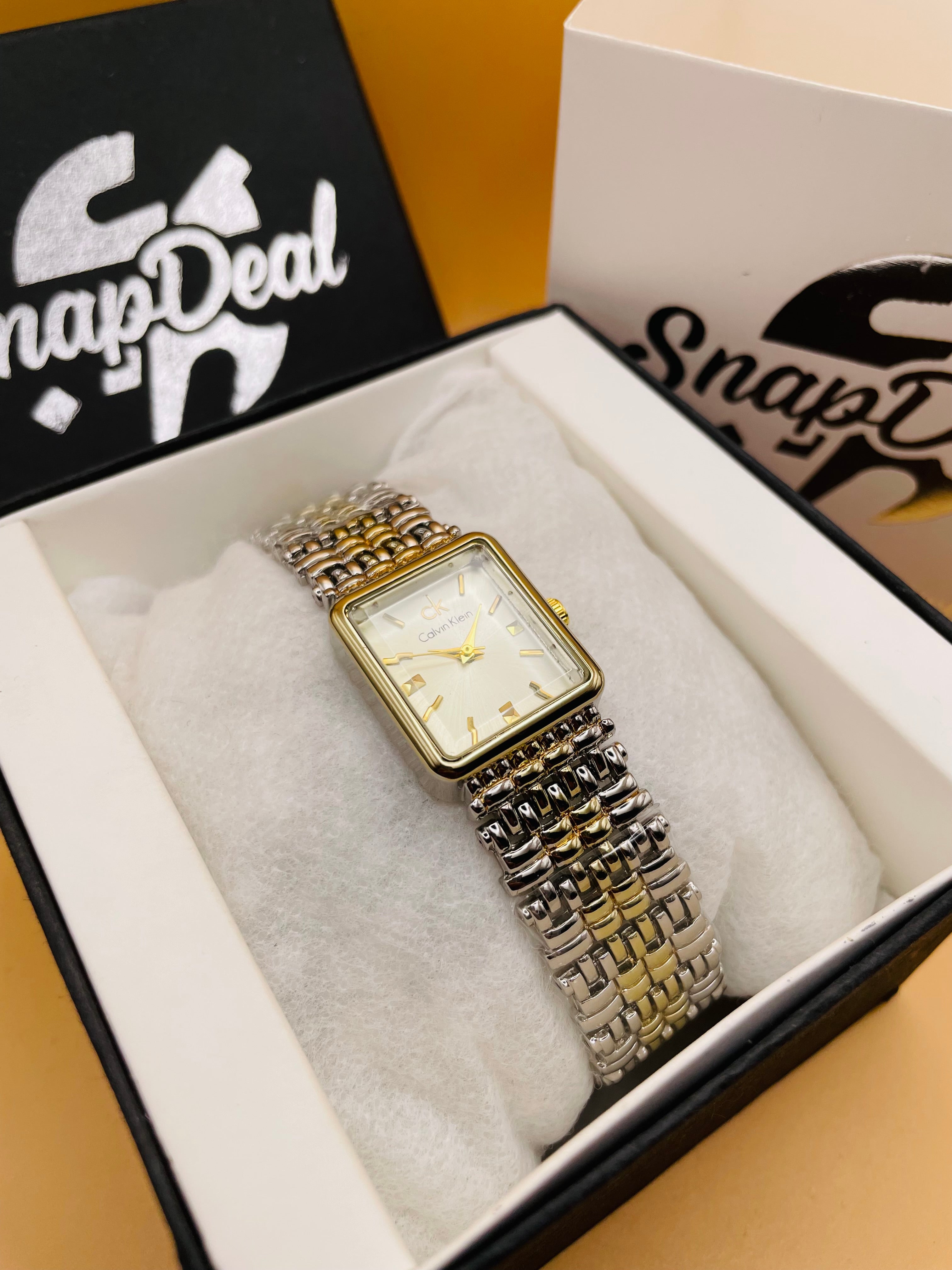 CK - Golden-Silver Rectangular Dial Bracelet Watch