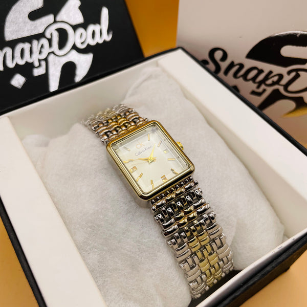 CK - Golden-Silver Rectangular Dial Bracelet Watch