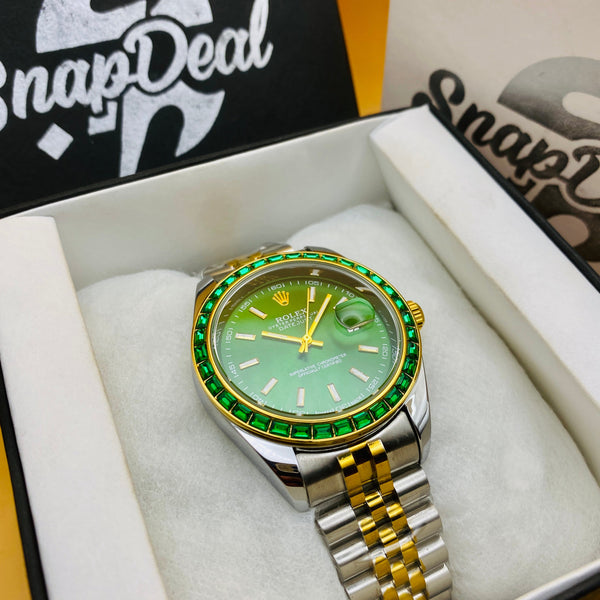 Rolex Stainless Steel Golden Silver with (Green Dial) Diamonds Bezel’s