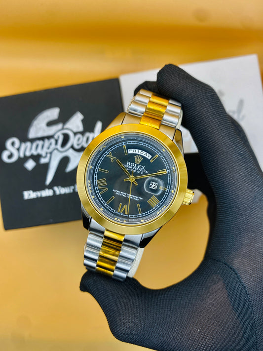 Rolex Stainless Steel Golden Silver with (Black Roman Dial)