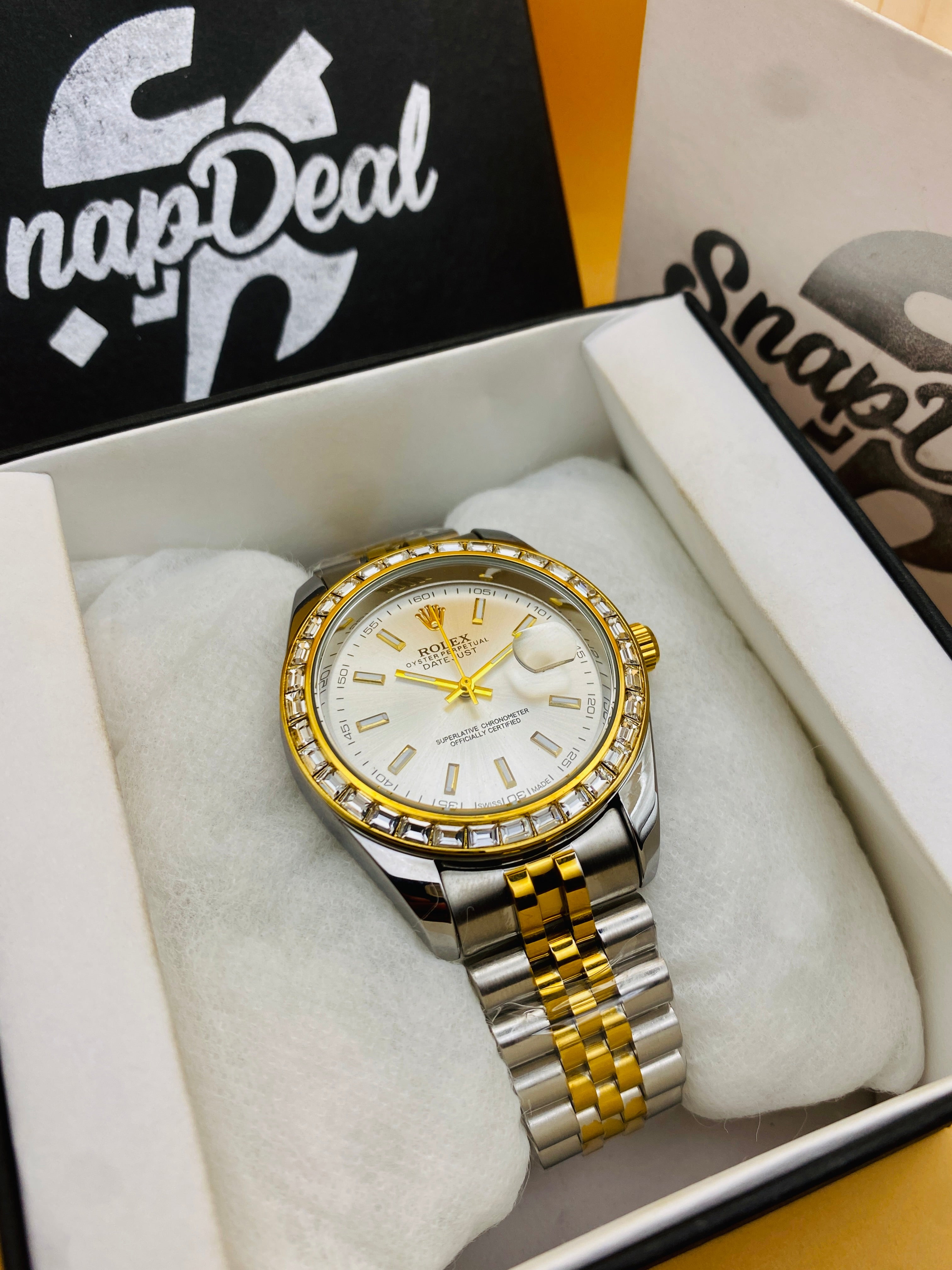 Rolex Stainless Steel Golden Silver with (White Dial) Diamonds Bezel