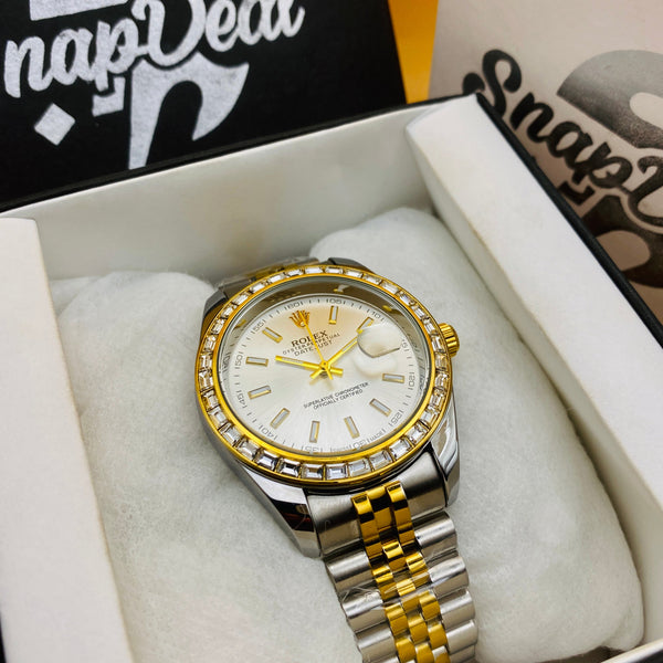 Rolex Stainless Steel Golden Silver with (White Dial) Diamonds Bezel