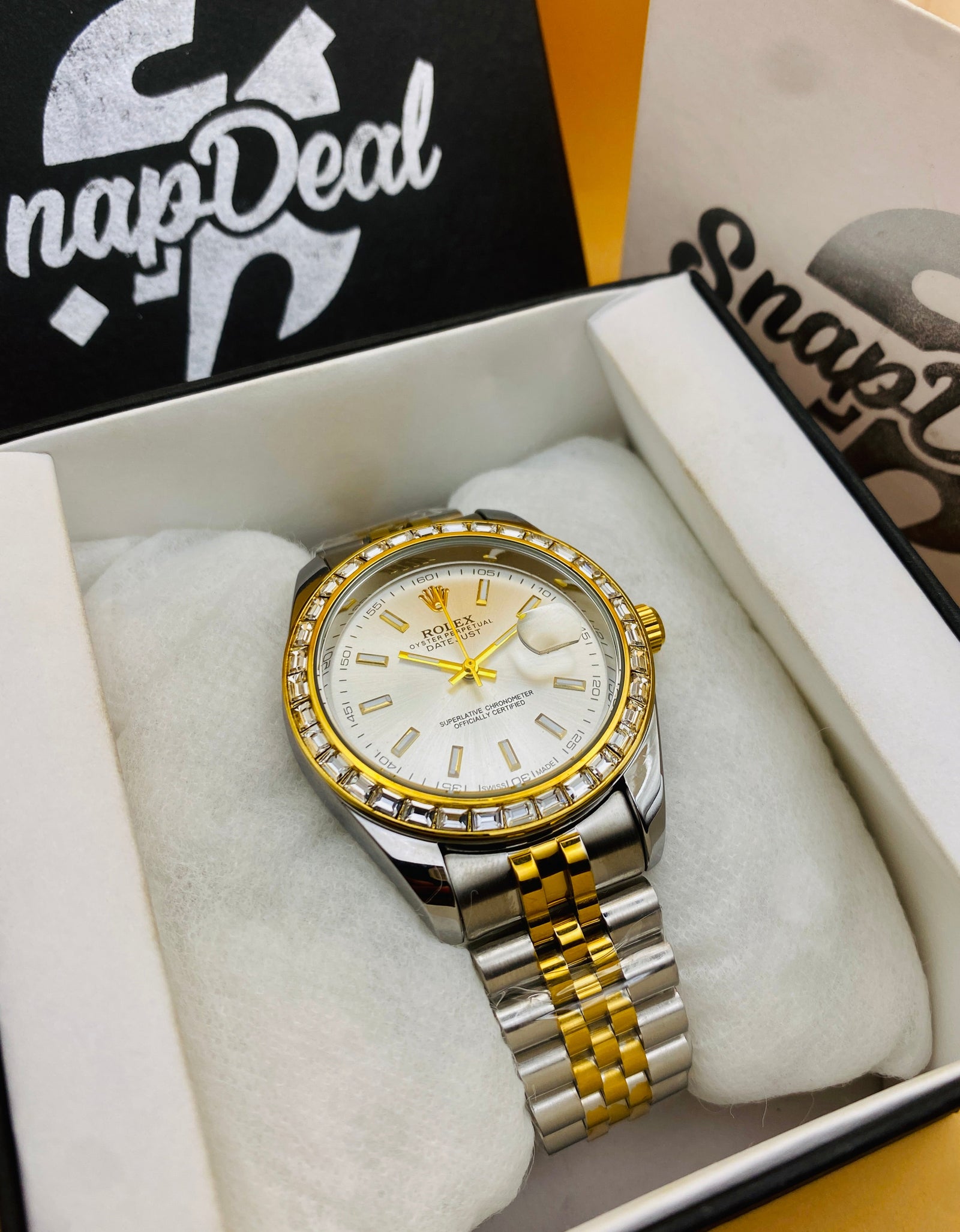 Rolex Stainless Steel Golden Silver with (White Dial) Diamonds Bezel