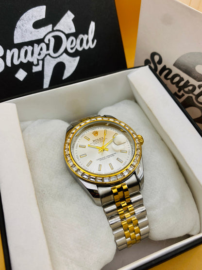 Rolex Stainless Steel Golden Silver with (White Dial) Diamonds Bezel