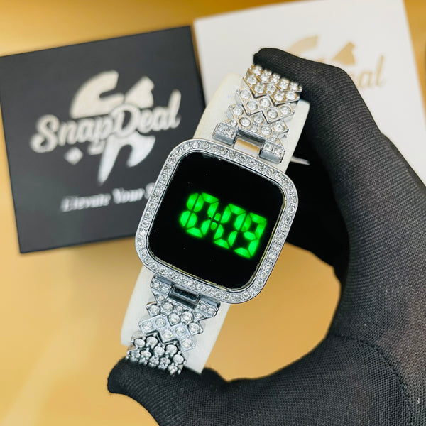 Exclusive Crystal-Embedded Digital Watch with Luxury Bracelet Design (Silver)