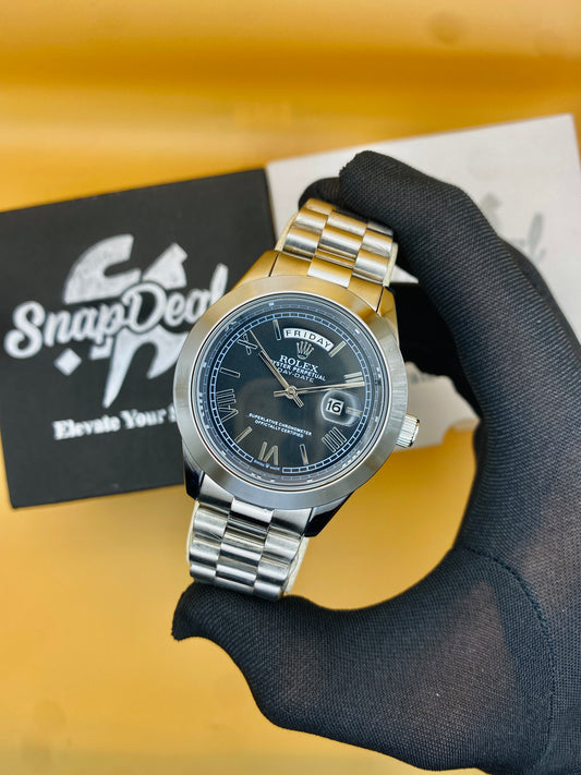 Rolex Stainless Steel Silver with (Black Roman Dial)