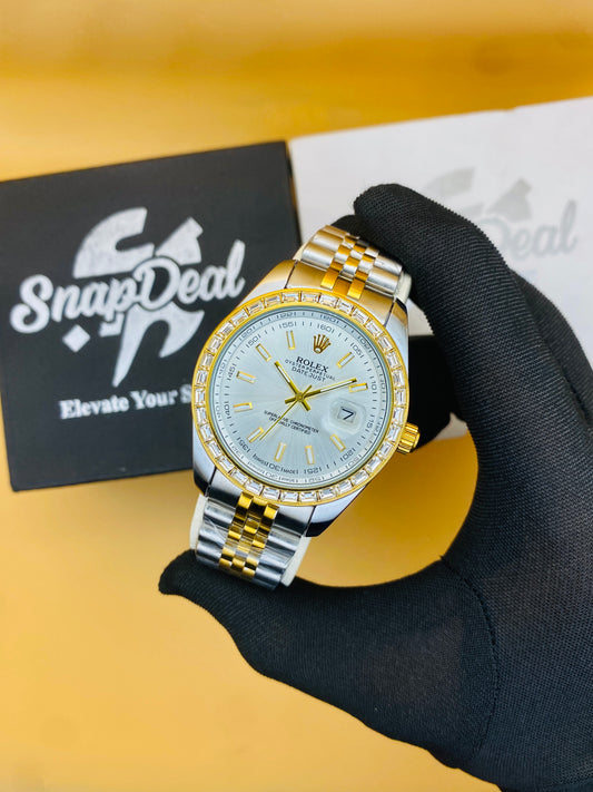 Rolex Stainless Steel Golden Silver with (White Dial) Diamonds Bezel