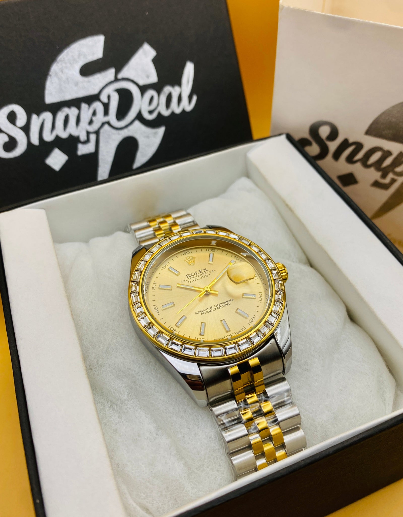 Rolex Stainless Steel Golden Silver with (Golden Dial) Diamonds Bezel