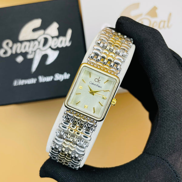 CK - Golden-Silver Rectangular Dial Bracelet Watch