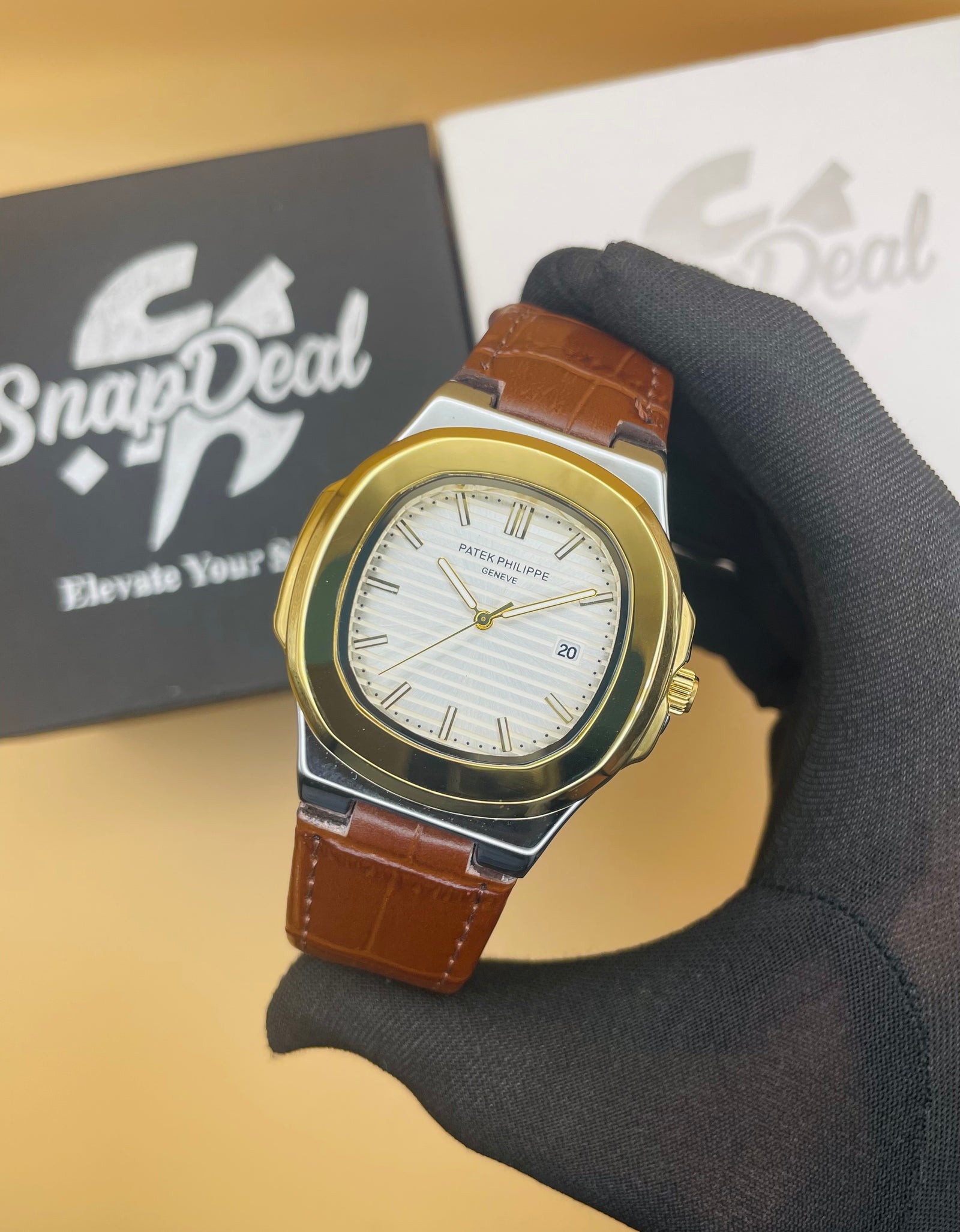 PATEK PHILLIPE Brown Leather Strap Master Lock - Dial (Golden-White)
