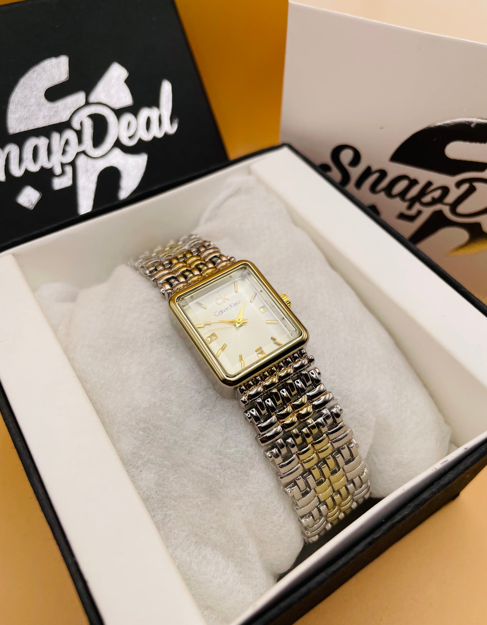 CK - Golden-Silver Rectangular Dial Bracelet Watch