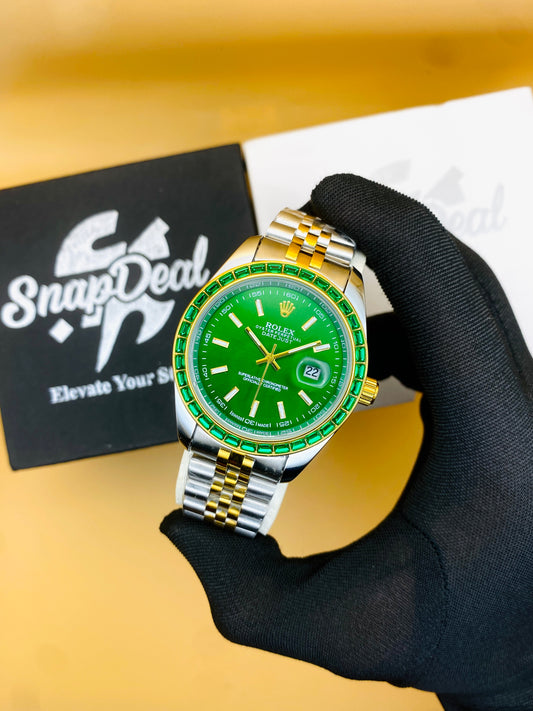 Rolex Stainless Steel Golden Silver with (Green Dial) Diamonds Bezel