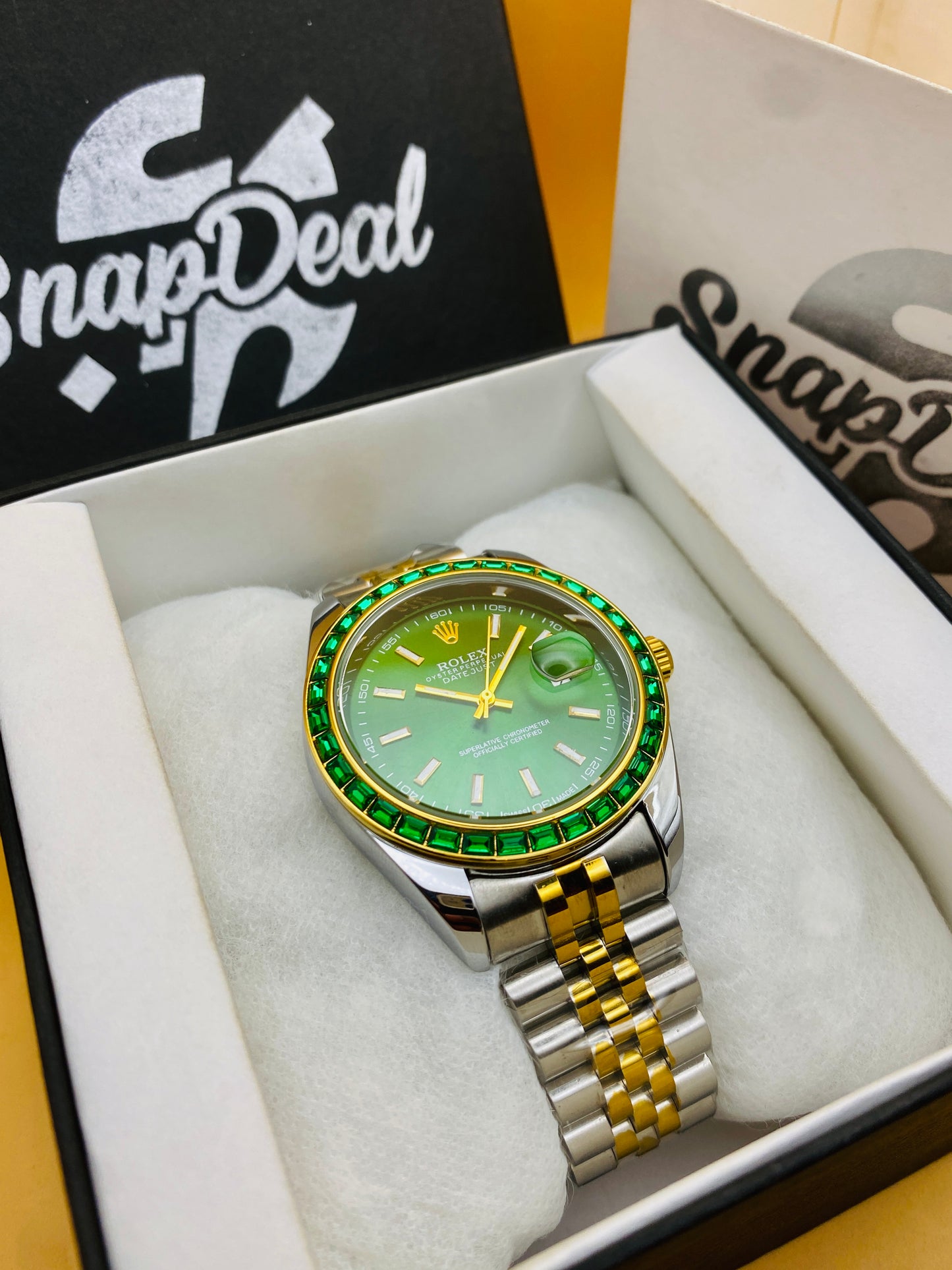 Rolex Stainless Steel Golden Silver with (Green Dial) Diamonds Bezel