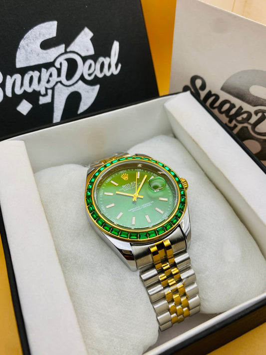 Rolex Stainless Steel Golden Silver with (Green Dial) Diamonds Bezel