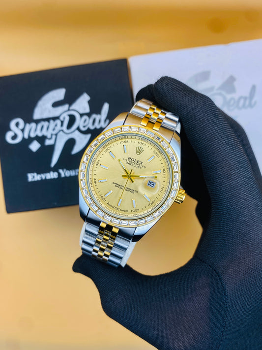 Rolex Stainless Steel Golden Silver with (Golden Dial) Diamonds Bezel