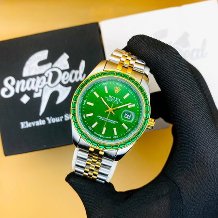 Rolex Stainless Steel Golden Silver with (Green Dial) Diamonds Bezel’s