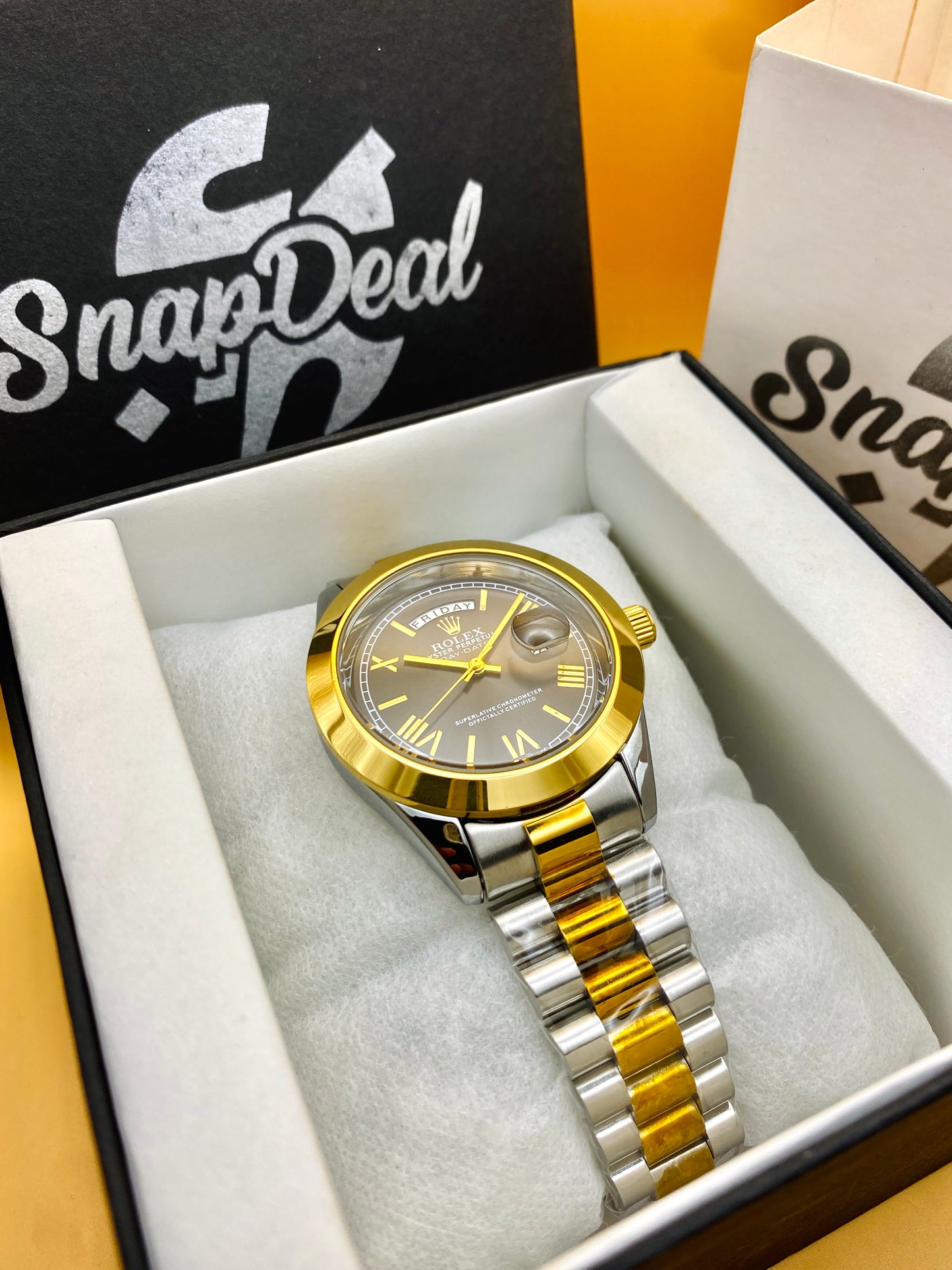 Rolex Stainless Steel Golden Silver with (Black Roman Dial)