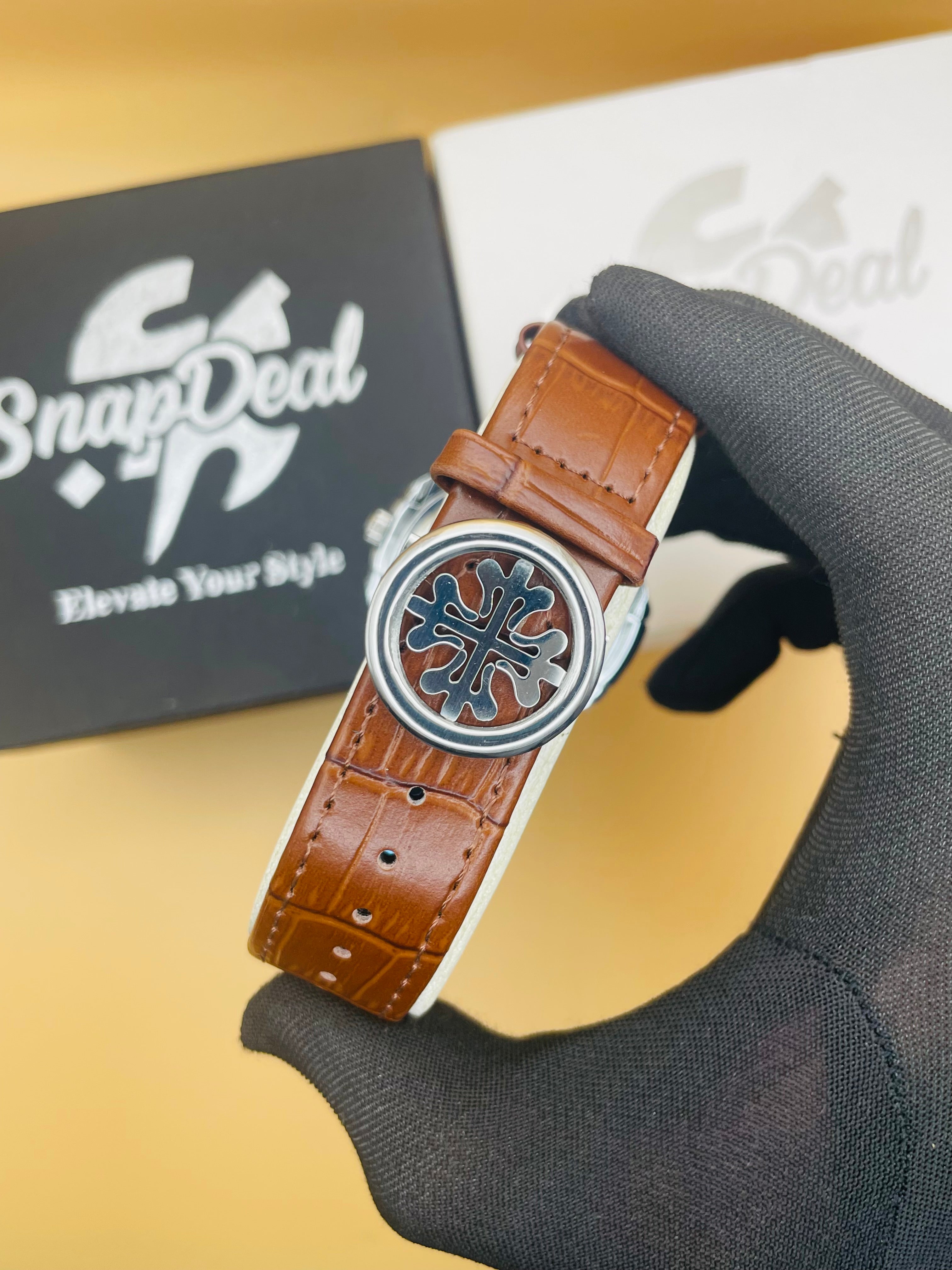 PATEK PHILLIPE Brown Leather Strap Master Lock - Dial (Golden-White)